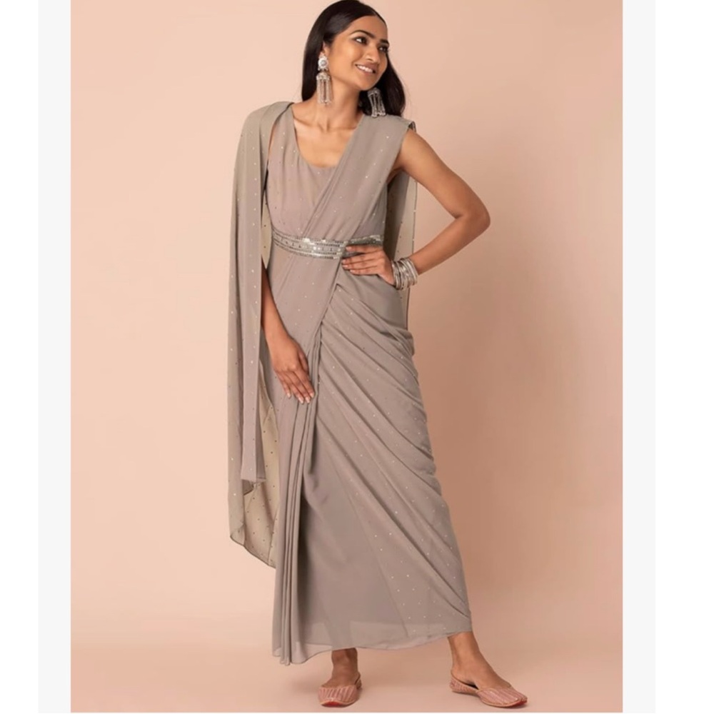 NWT Indya brand Gray Foil Print Pre-Stitched Sari size small